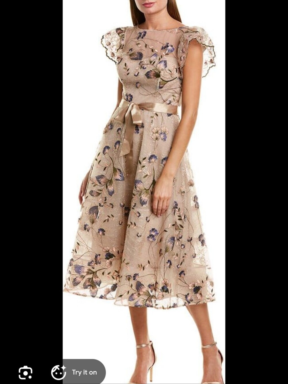 Bnwt Teri Jon Rickie Freeman Floral Lace Midi Skirt with Ribbon Waist - Beige